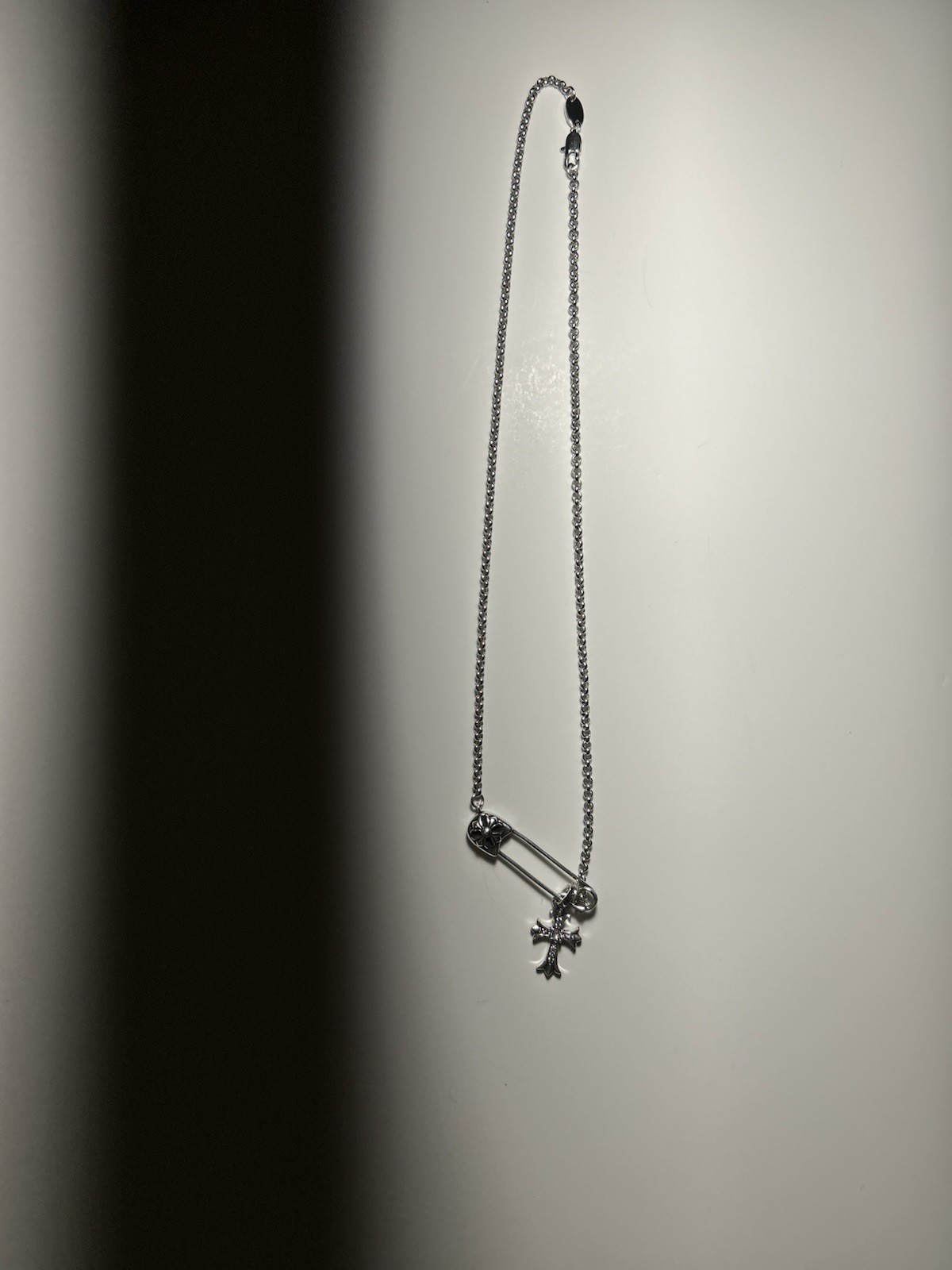 Safety Pin with Diamond Cross Charm Pendant Silver Cable Chain