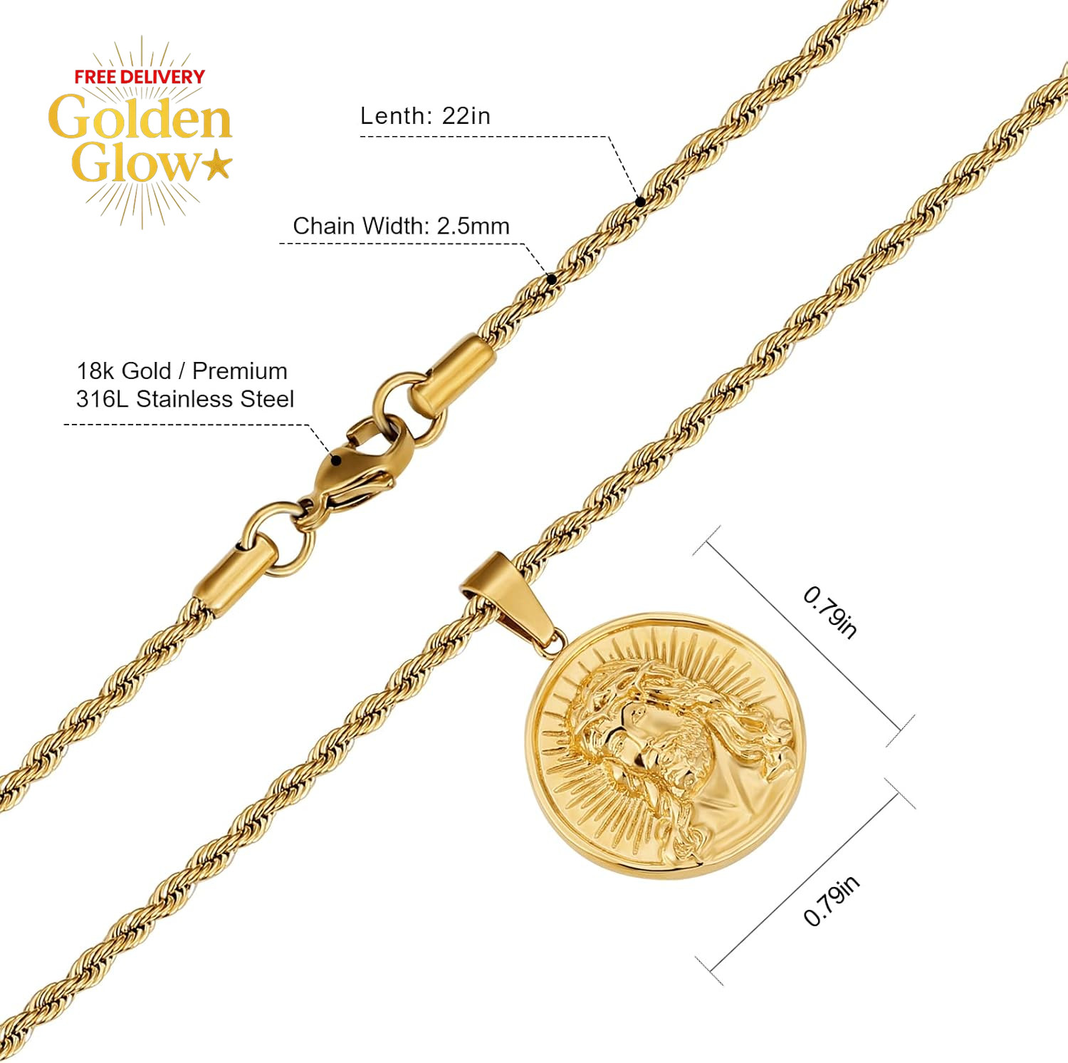 Jesus & Cross Coin Pendant Medallion Necklace Vintage Gifts for Men Gold Plated