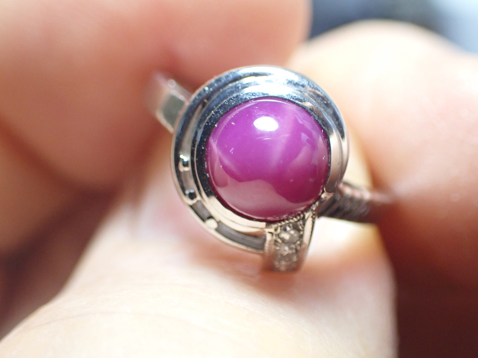 Pink or Purple Star Sapphire Ring 14k White Gold Jewelry &Three Diamonds Size 6