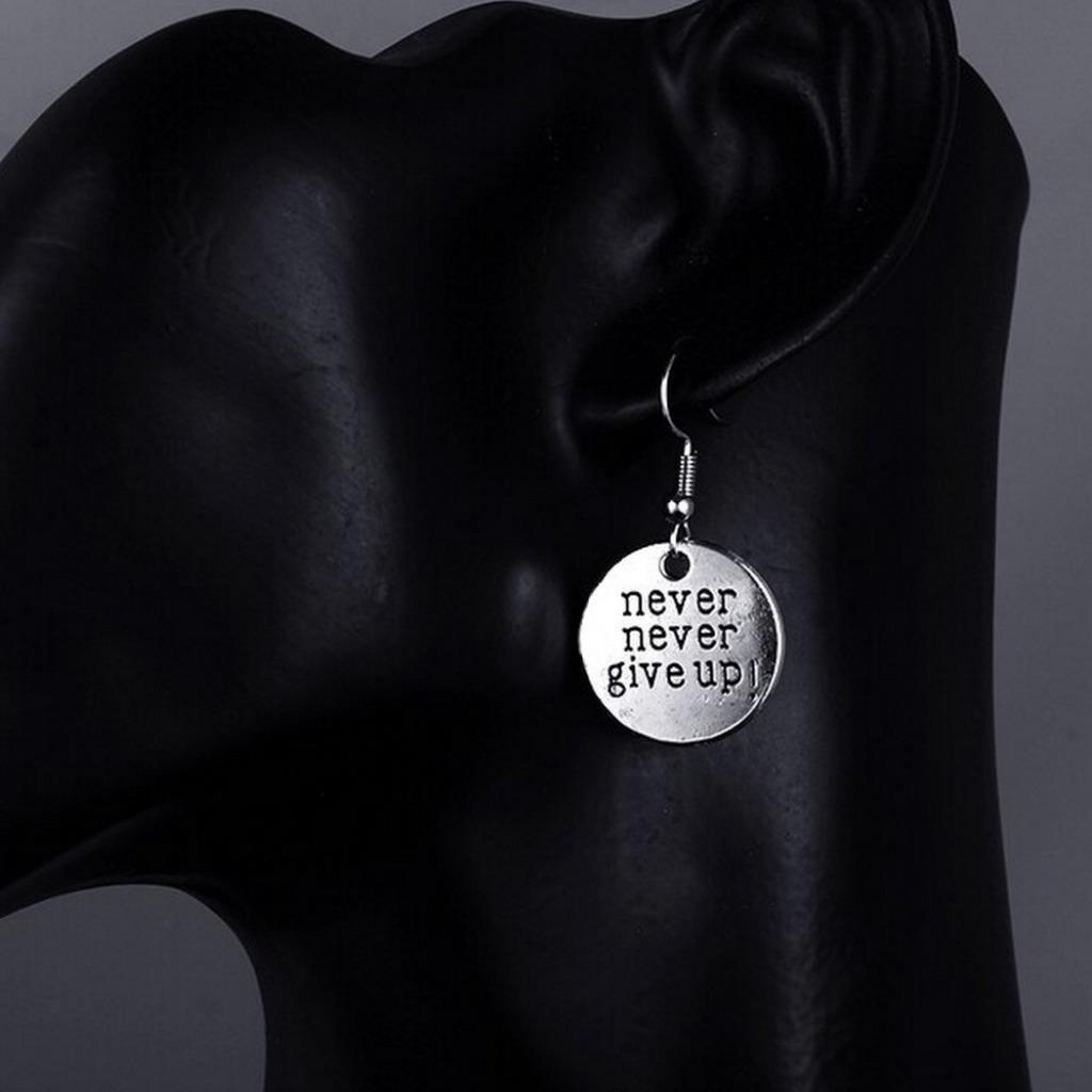 NEVER NEVER GIVE UP EARRINGS 0.75″ Charm Inspirational Motivational Drop Dangle