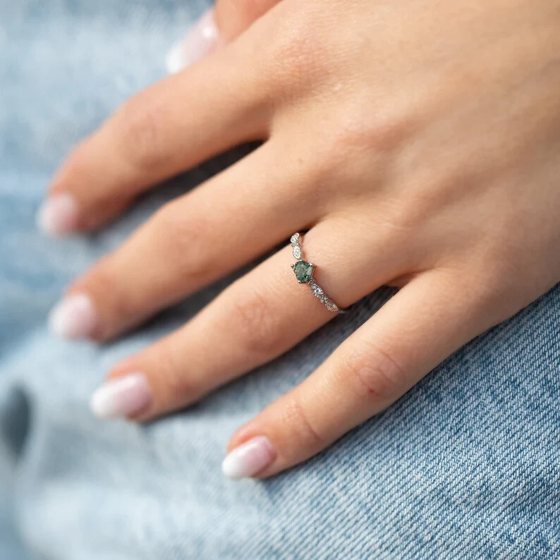 Moss agate heart promise ring, Unique heart cut moss agate engagement ring