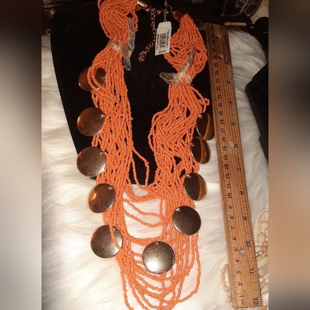 NEW burnt orange multistrand seed bead and goldtone disk necklace