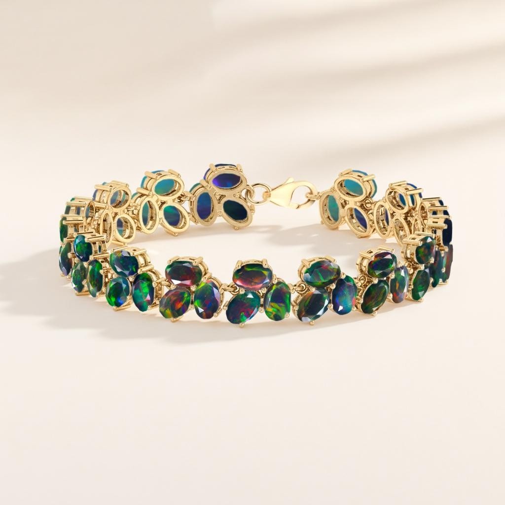 Fire Black Opal Gemstone Floral Tennis Bracelet, Natural Fire Opal Gemstone 925