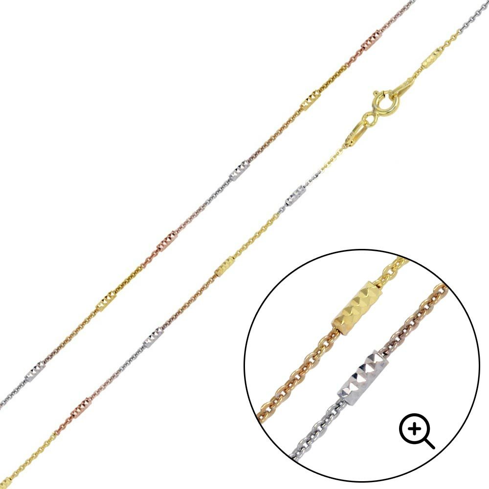 Sterling Silver 3-Tone Diamond Cut 1.4mm Tube Link Chain Necklace, Made in Italy