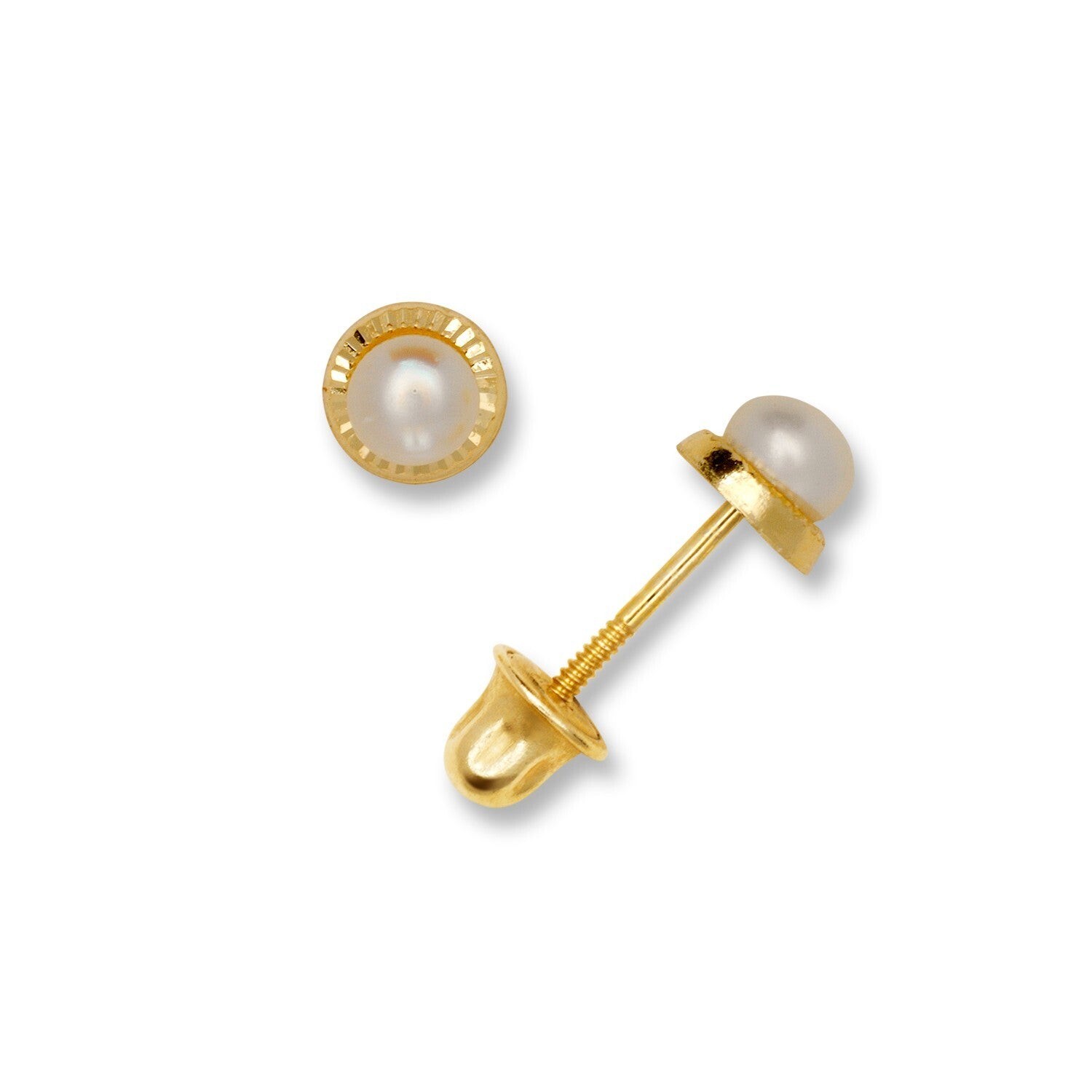 14K Yellow & White Gold Tiny Bezel Pearl Screw Back Studs Earrings for Women