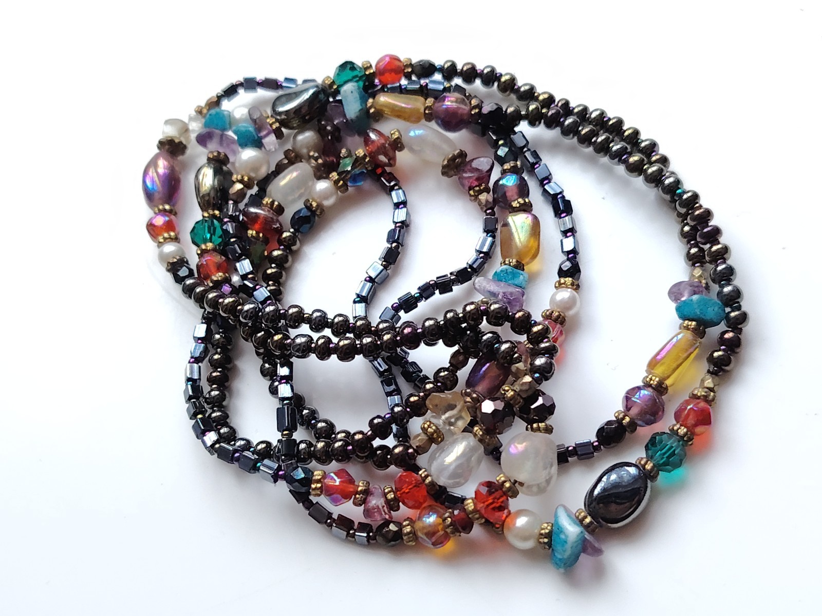 Multicoloured Glass seed Bead Necklace Boho Hippie Layering Mid Length