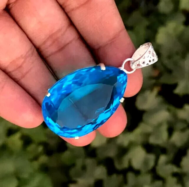 Natural 60.20 Ct Brazilian Pear Cut Blue Topaz Pendant 925 Silver Gemstone