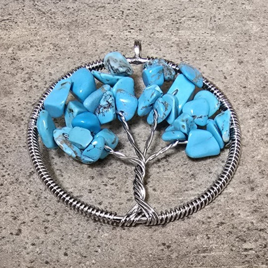 Tree of Life Round Charm Pendant Silver Tone with Blue Chip Stone Accents
