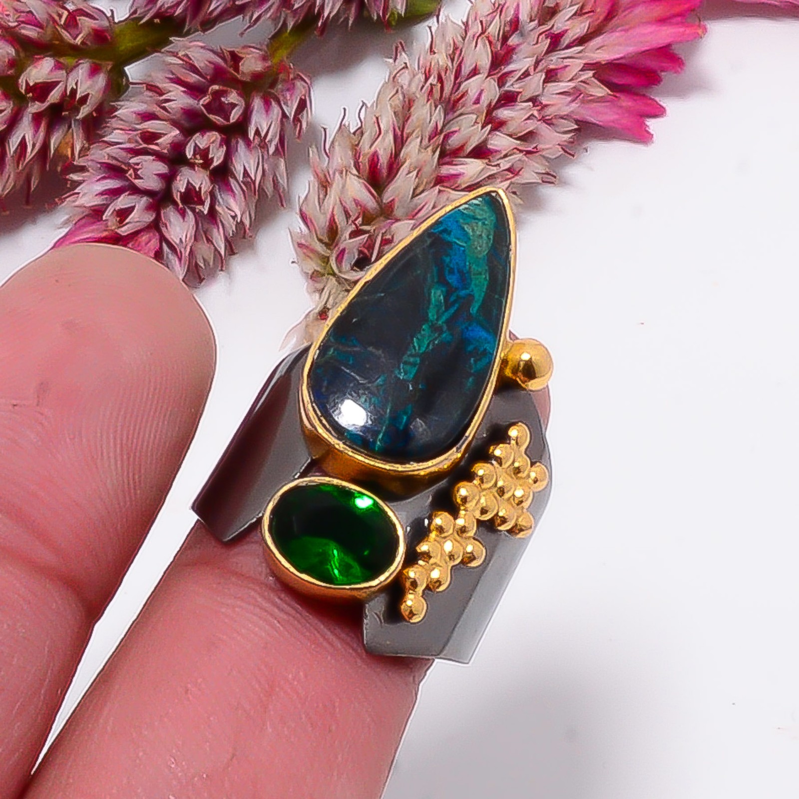Chrysocolla, Chrome Diopside Gold Plated 925 Sterling Silver Ring s.9 Sku52