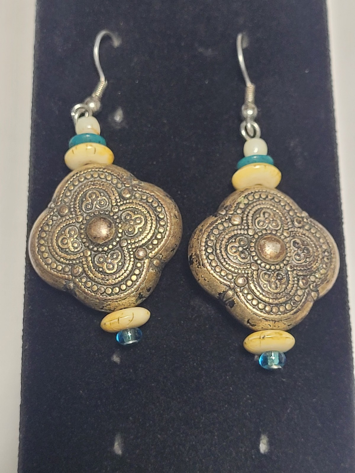 Bronzetone Boho Tribal Style Quatrefoil Clover Dangle Beaded Statement Earrings