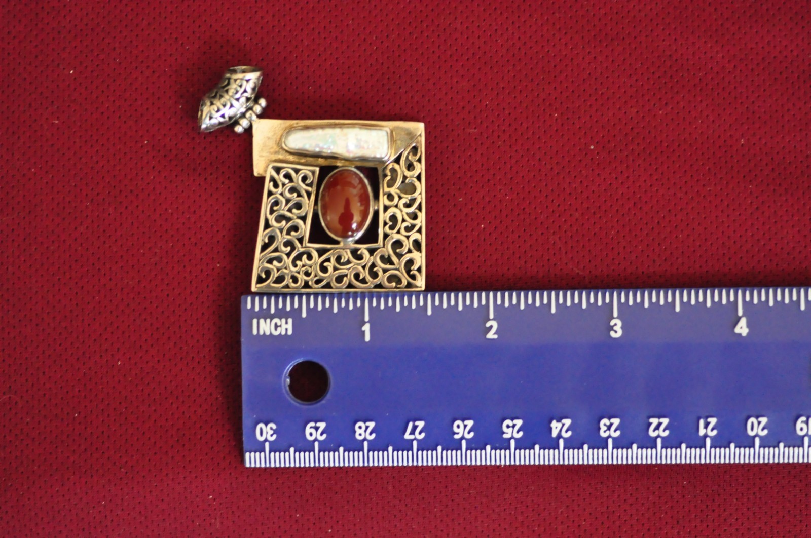 Sterling Silver Filigree Pendant w/ Carnelian & Mother of Pearl – 26g Marked 925