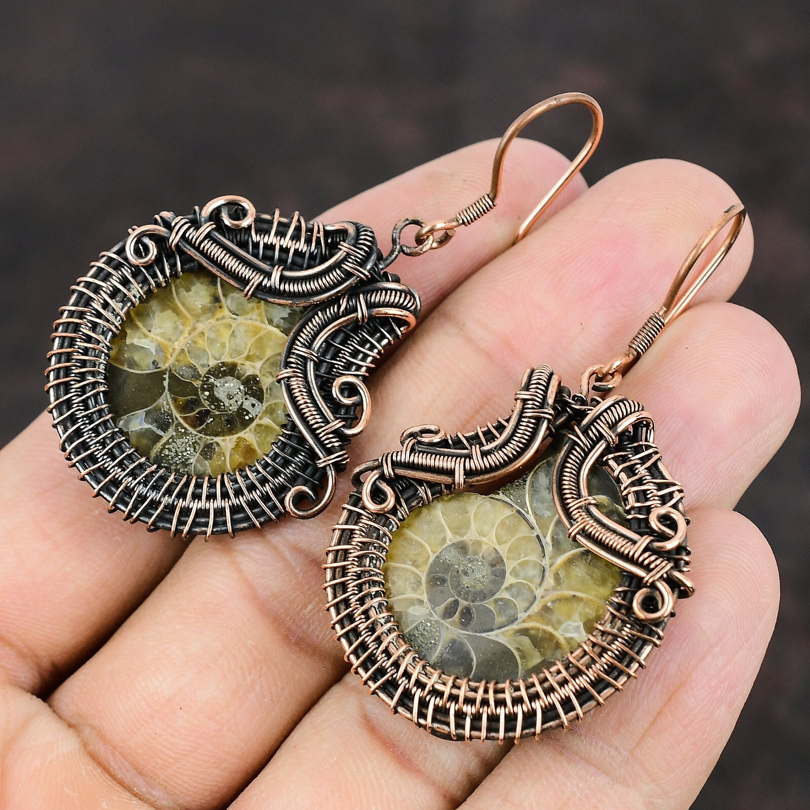 Ammonite Fossil Wire Wrapped Earrings Handcrafted Copper Dailywear 2.24″
