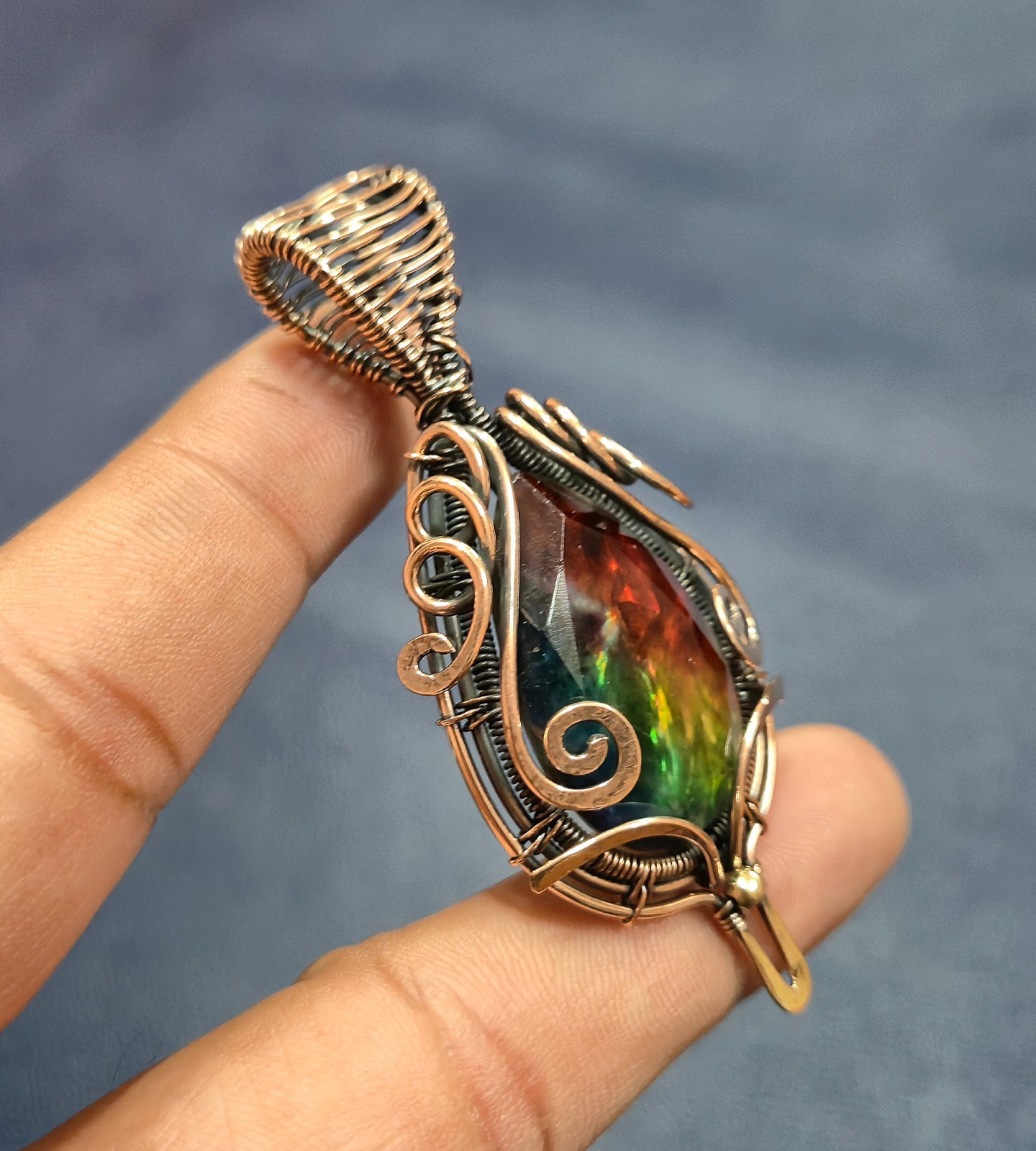 Faceted Ammolite Pendant Copper Wire Wrapped Jewelry Handmade Gem Jewelry