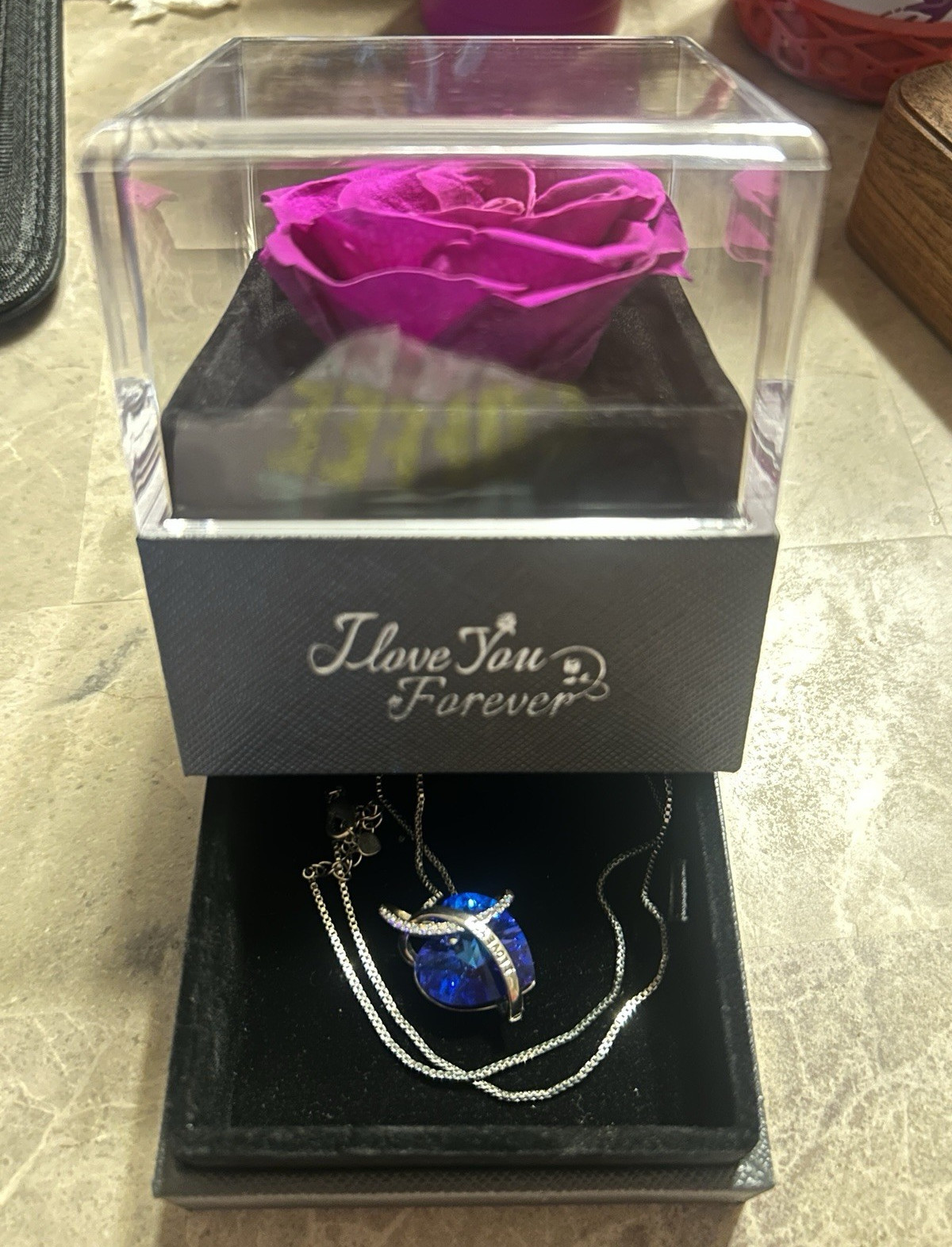 Silver Tone Blue Asymmetrical Pendant Necklace Chain “I Love You Forever” Box