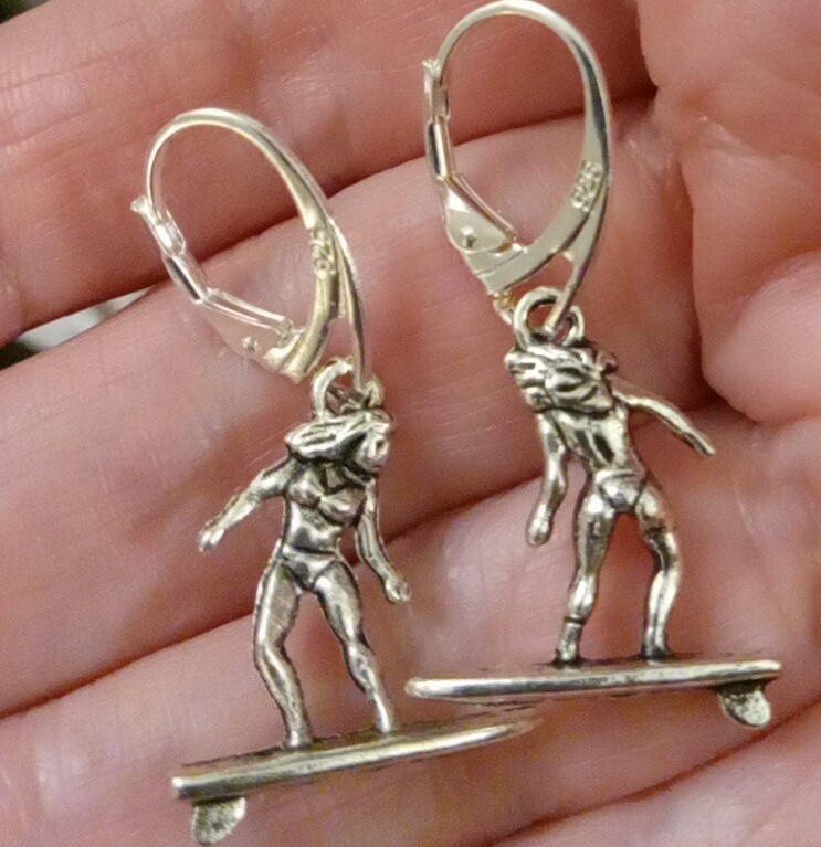 925 Sterling Silver Filled Surfer Bikini Girl Surf Board Charm Lever Earrings