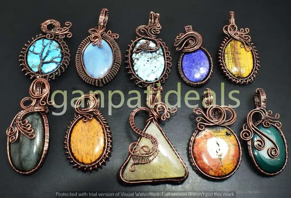 5pcs Lots !! Jasper & Mix Gemstone Copper Wire Wrap Pendant Handmade Jewelry