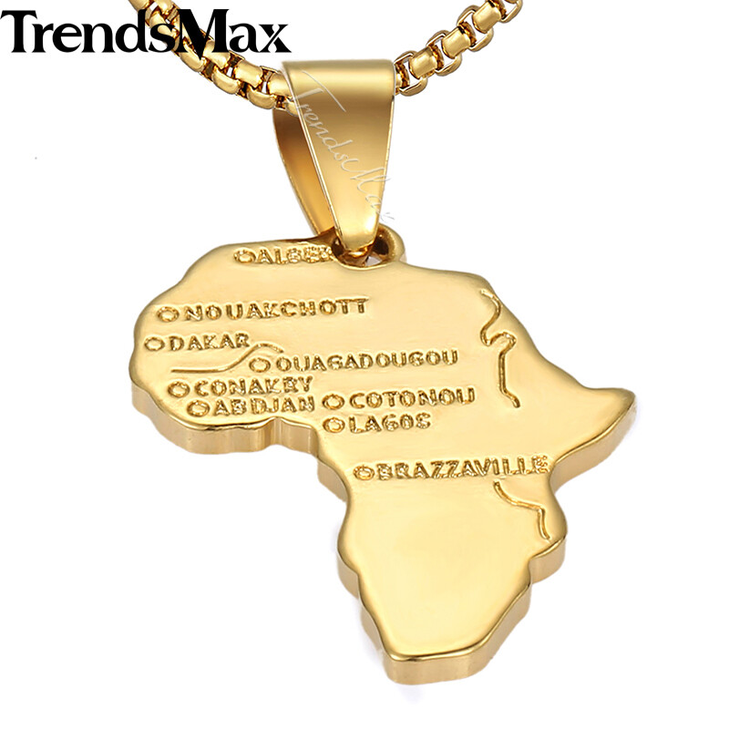Gold Plated Stainless Steel Africa Continent Map Pendant Necklace Box Link Chain