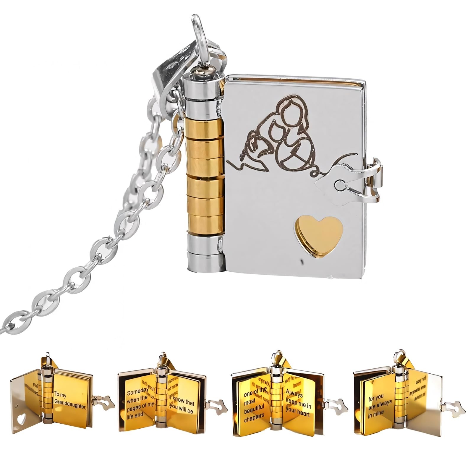 Granddaughter Book Necklace With 6 Pages Engraved Information