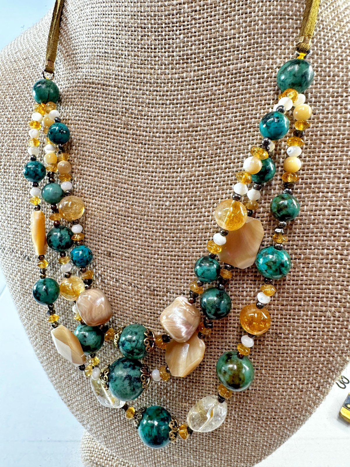 Lucoral Lucas Lameth Necklace Serpentine Green Stones Multistrand on Cord