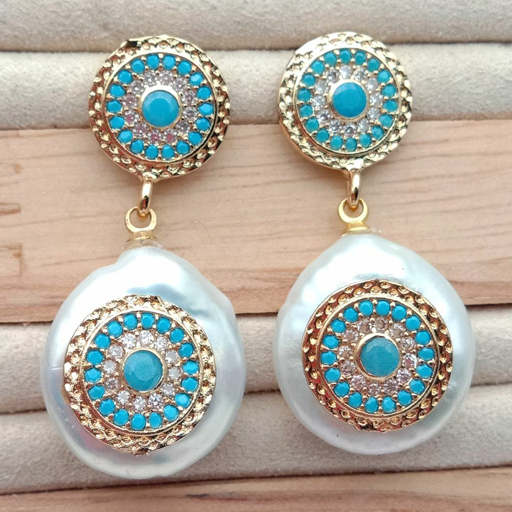 Cultured White Coin Pearl Blue Cz pave Stud Earrings