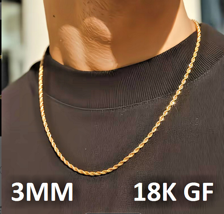 EXCLUSIVE 3mm Solid TWISTED ROPE CHAIN GOLD filled 18K necklace 24″ women men