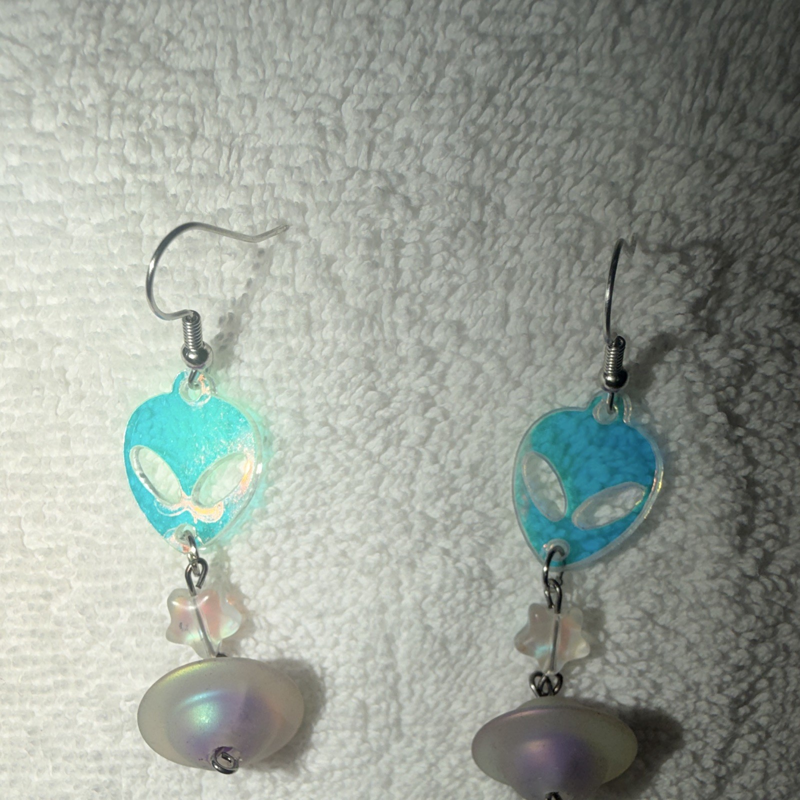 Blue Alien Head & UFO Beaded Dangle/Drop Hook Earrings Plastic/Metal No Stone