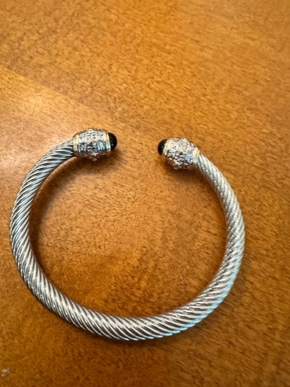 Silver-Tone Twisted Cable Cuff Bracelet with Black Stone Ends 351
