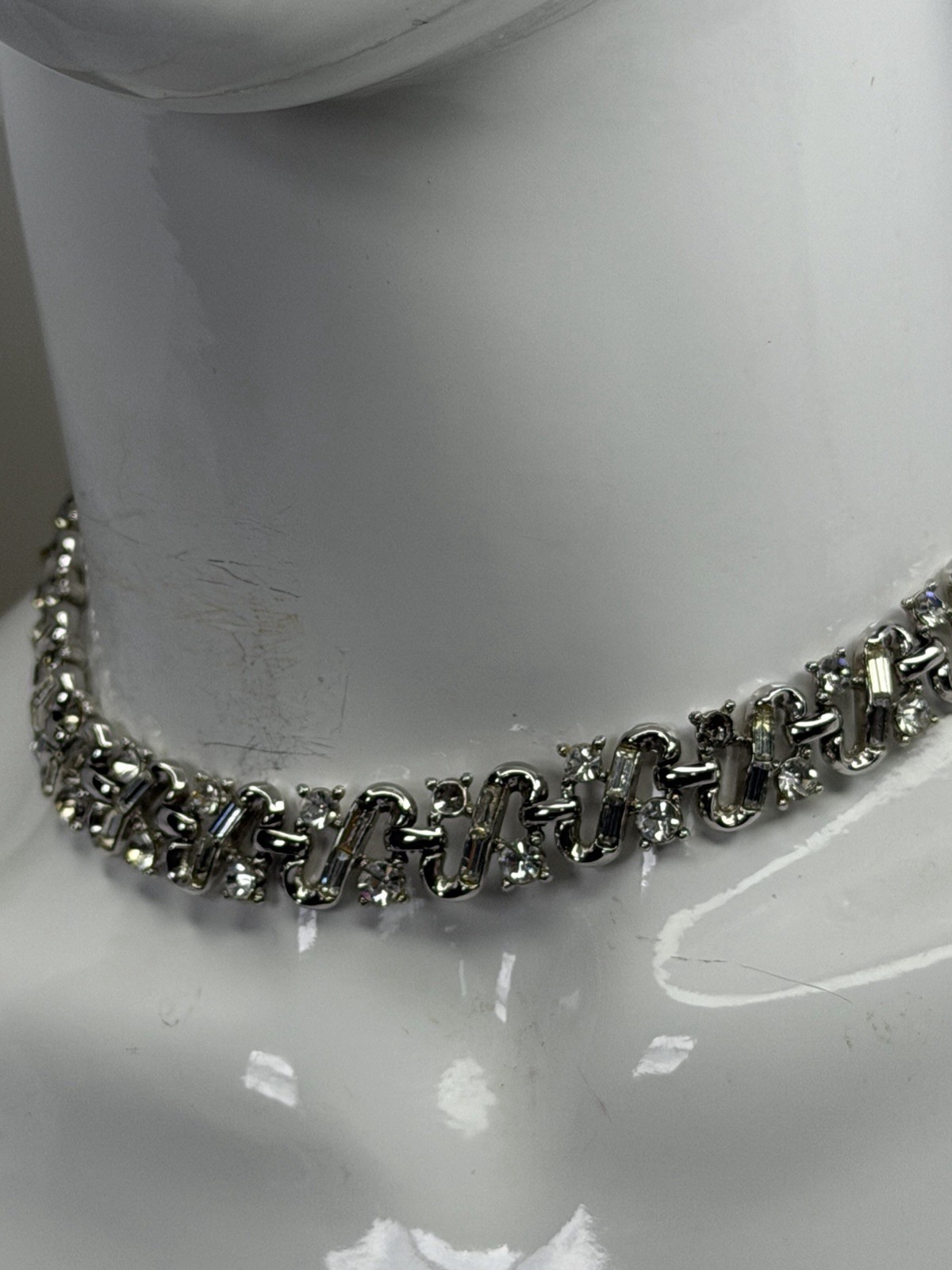 Trifari Silver Tone Clear Crystal Rhinestone Link Choker Necklace Signed