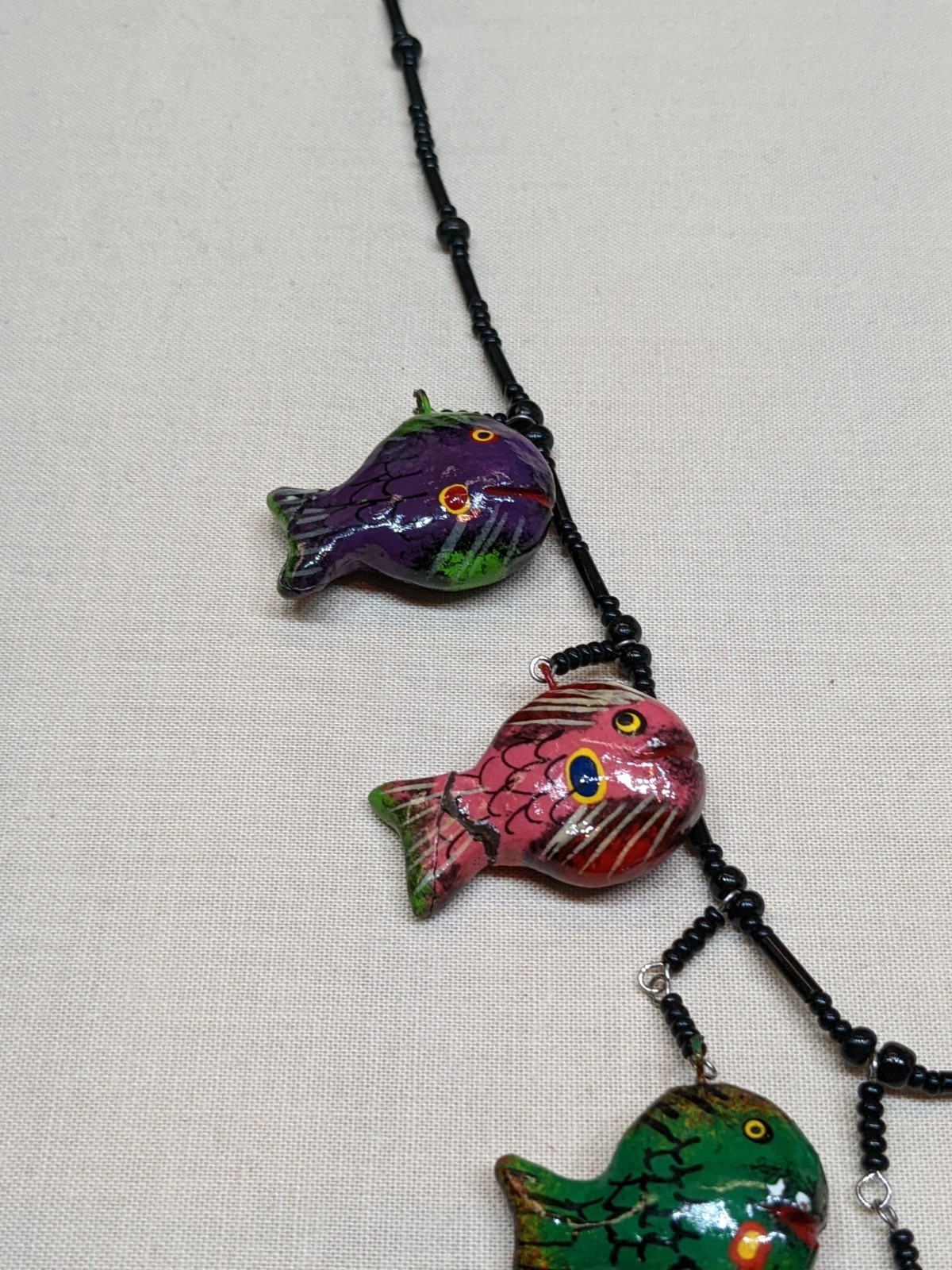 Hand Painted Fish Charm Necklace Colorful Black Bead Tropical Beach Cruise ~22″