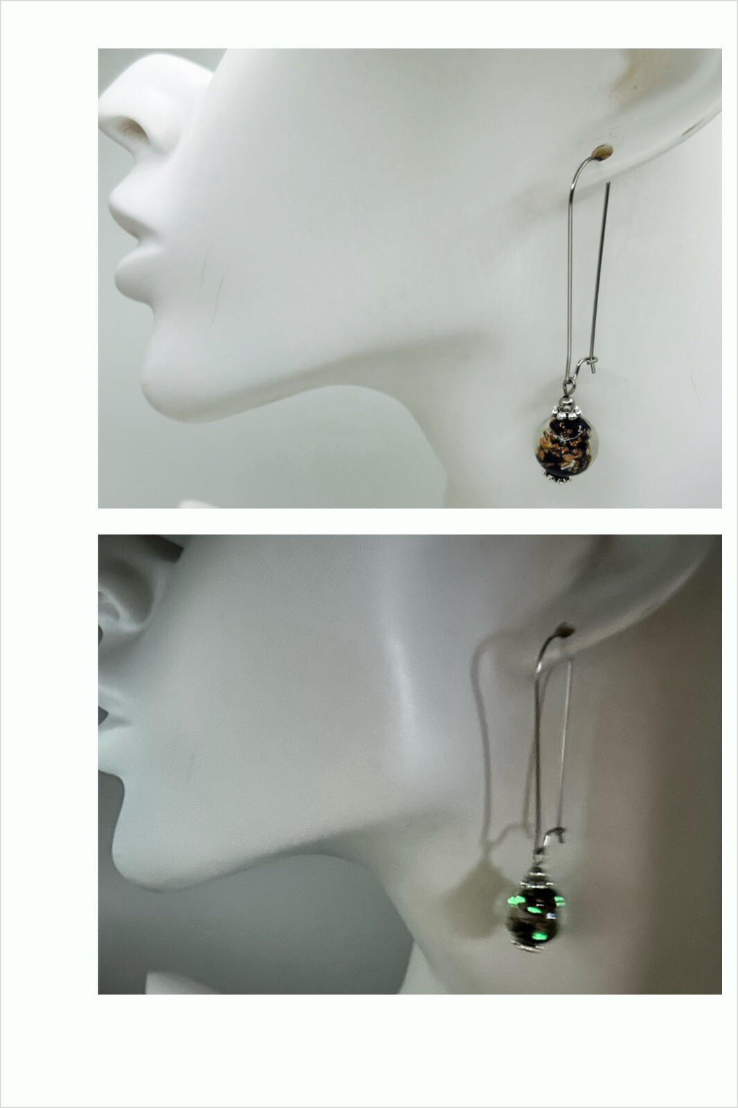 Black Glow-In-The-Dark Luminous Glass Dangle Drop Long Kidney Wire Earrings