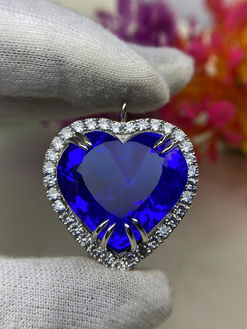 14K White Gold Plated Halo Heart Charm Pendant 3.12 Ct Heart Simulated Sapphire
