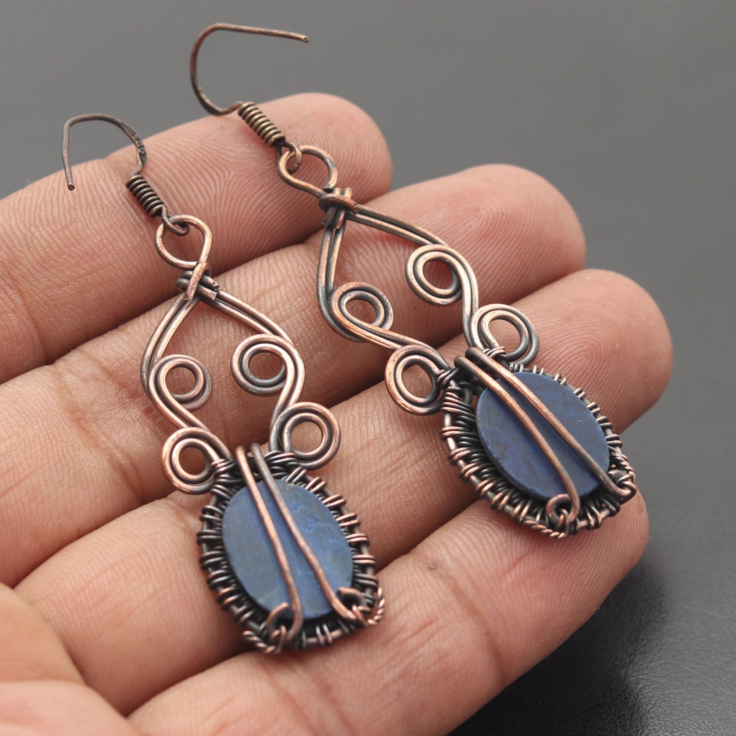 Lapis Lazuli Gemstone Copper Wire Wrapped Handmade Earring Jewelry Gift For Wife