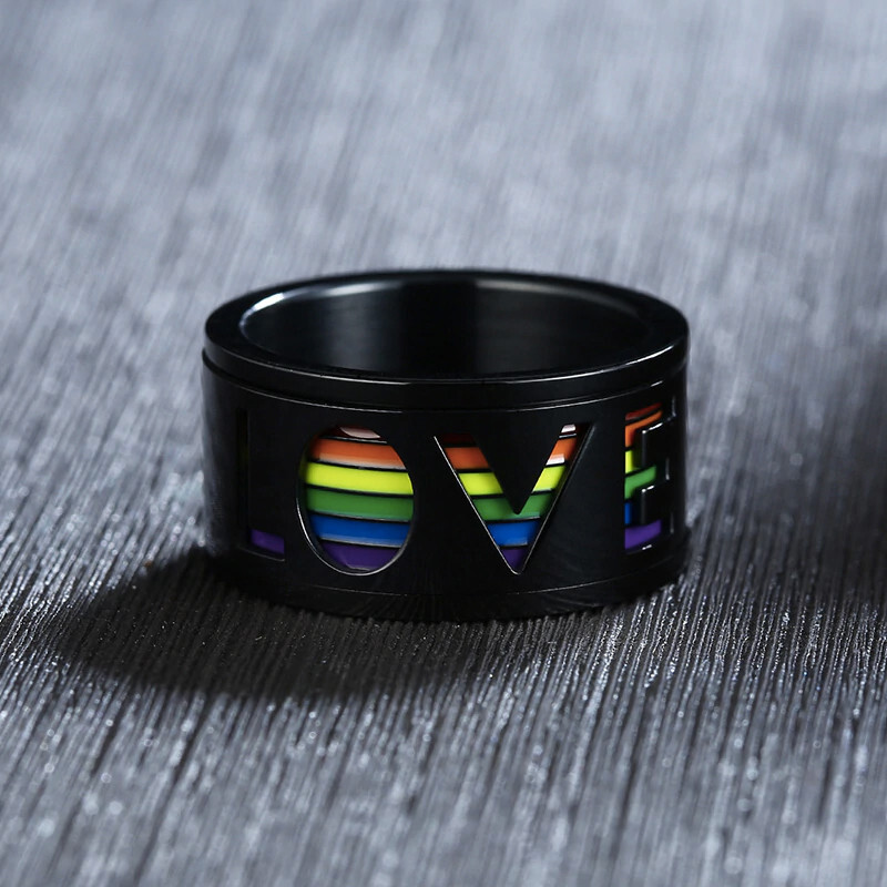 Pride Shack – Black Rainbow LOVE Spinner Ring LGBTQ Lesbian Gay Pride Ring Steel