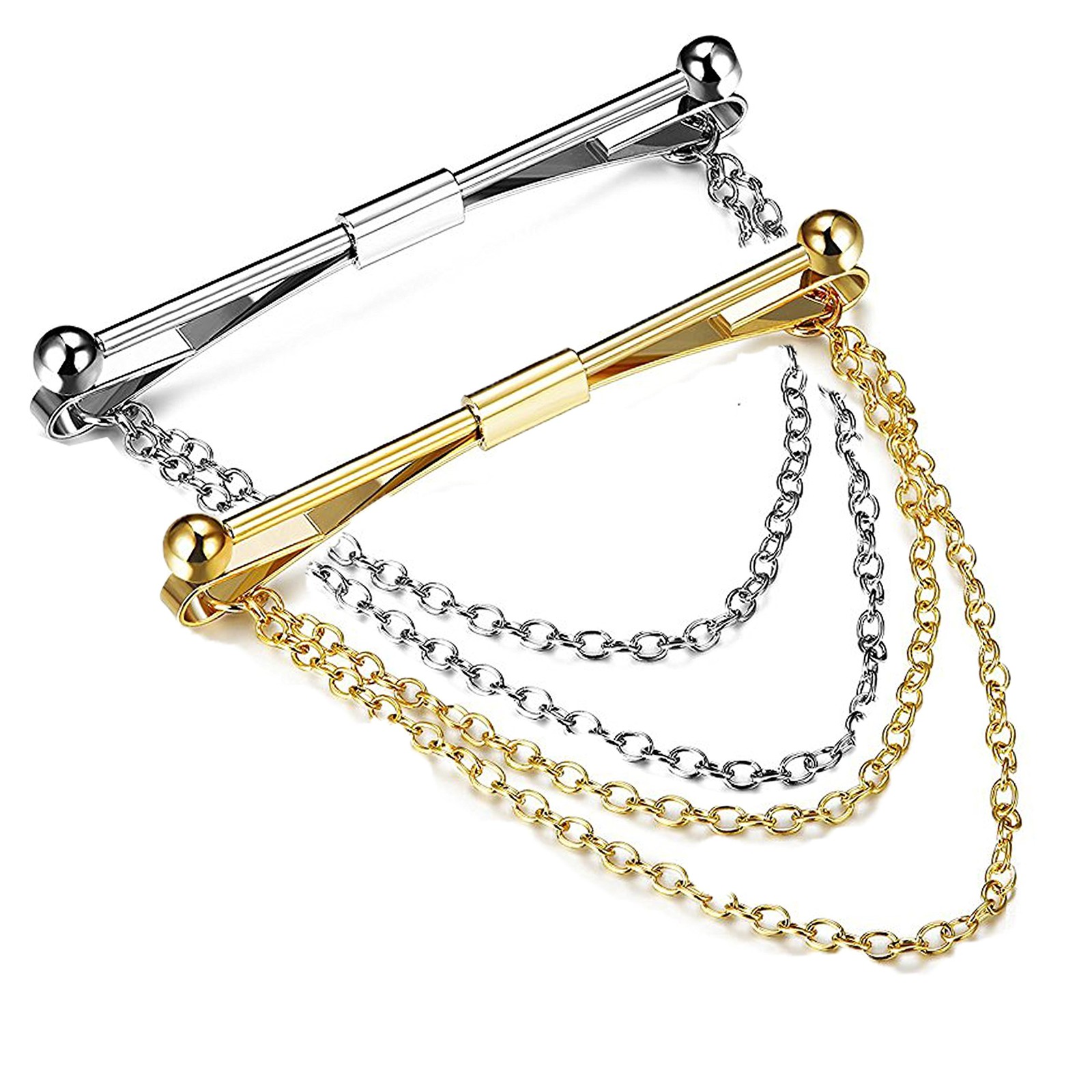 2PCS Tie Collar Bar Pin Set for Men – Classic Collar Clip with Hang Chain