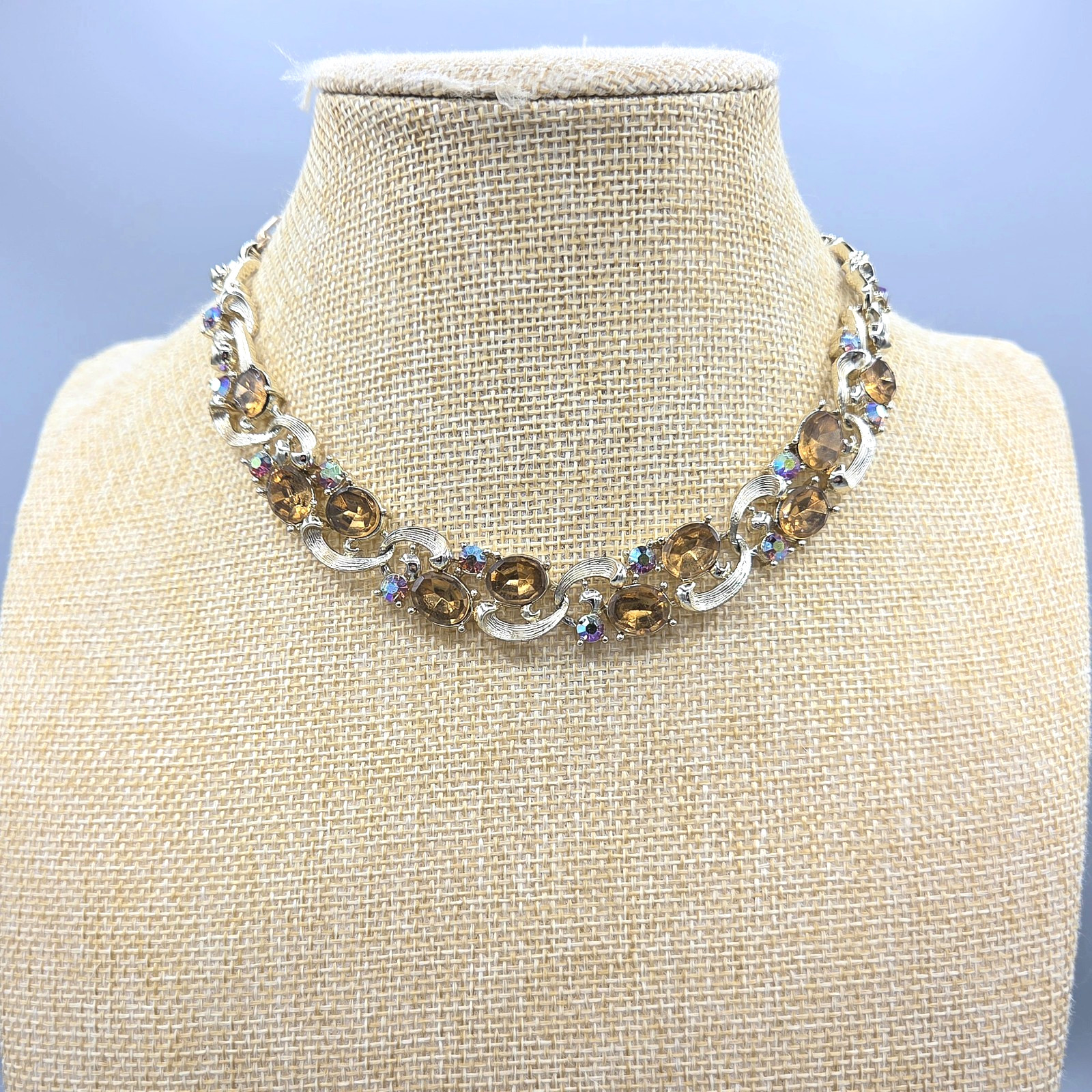 Vintage Lisner Signed Topaz & AB Rhinestone Gold Tone Necklace 16″ Clip Earrings