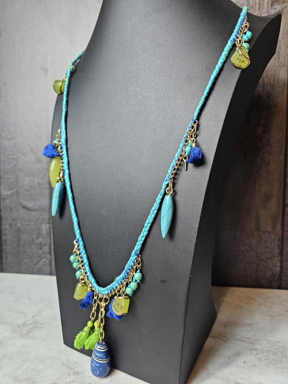 Chico’s Turquoise &Navy Rope Tassle Necklace. Faux Beads: Green,Navy,Gold-Tone.