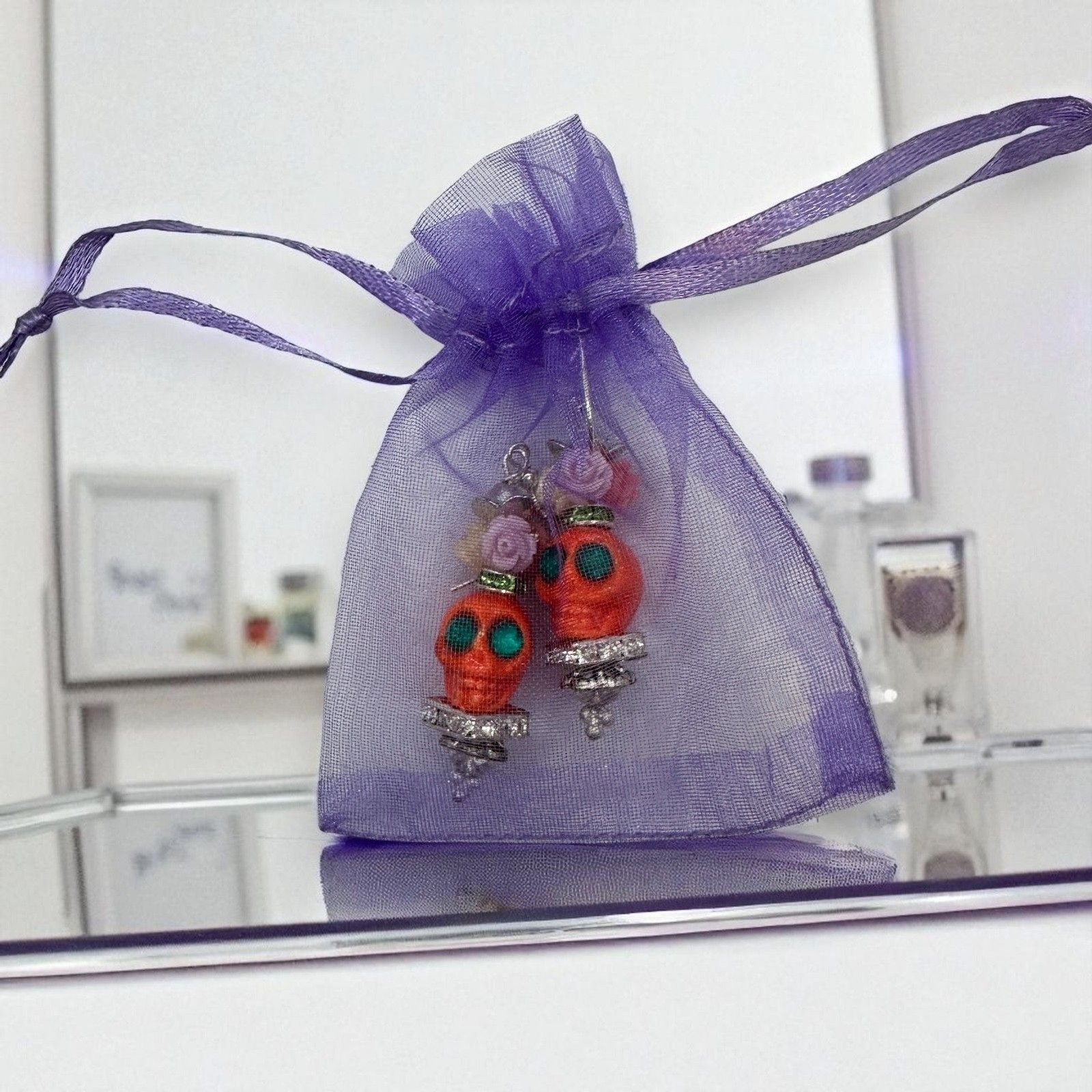 Orange Skull Dia de Muertos/Day of the Dead Dangle Earrings Halloween Fashion