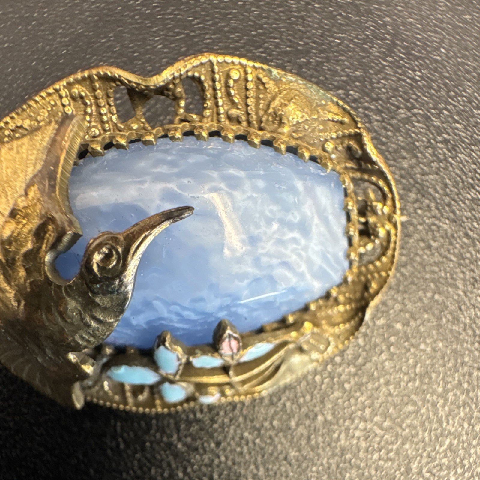 Vintage brass filigree bird brooch blue cabochon. Unique
