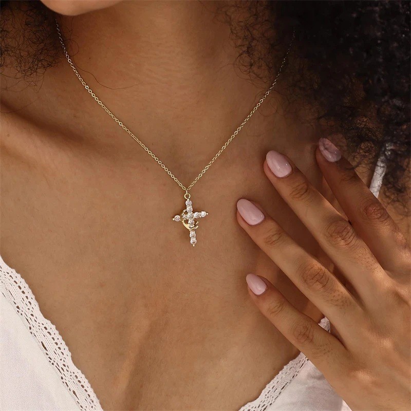 Trendy Crown Cross Necklace for Women Gold Plated Pendant with Cubic Zirconia