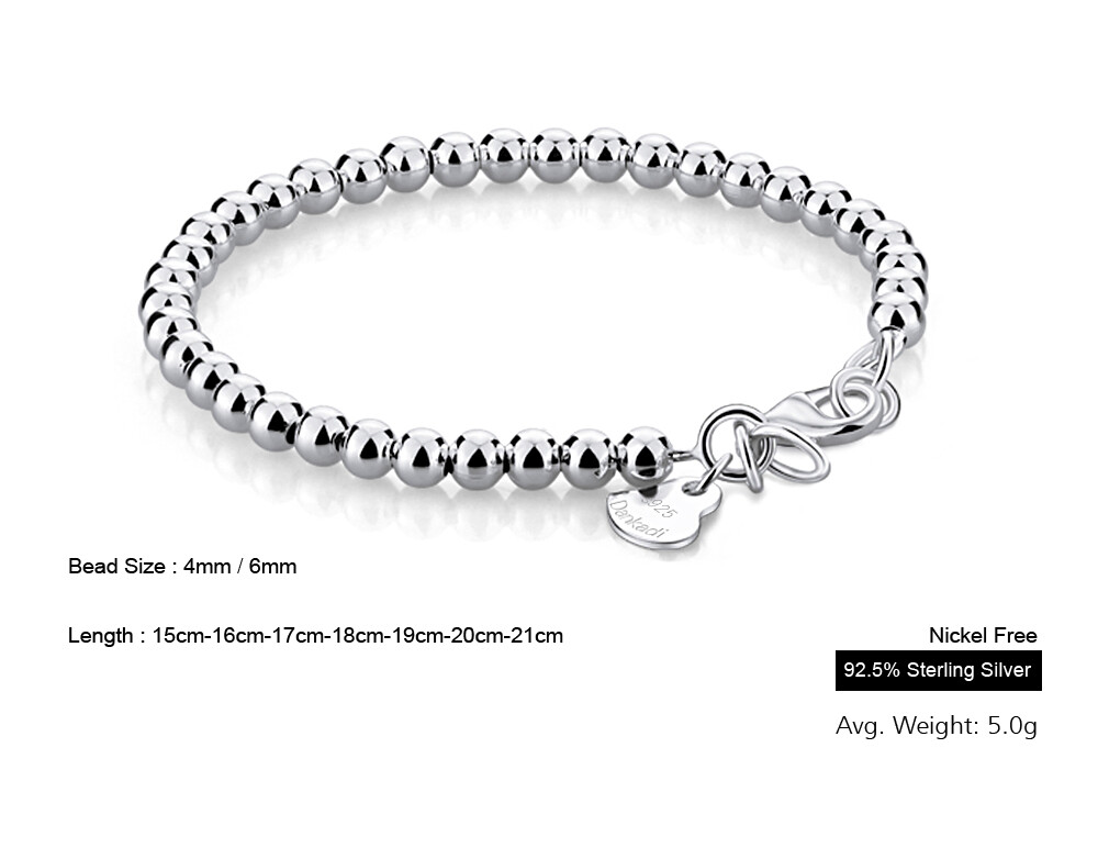 Solid 925 Sterling Silver 4mm-6mm Bead Ball Chain Bracelet All Size for Women