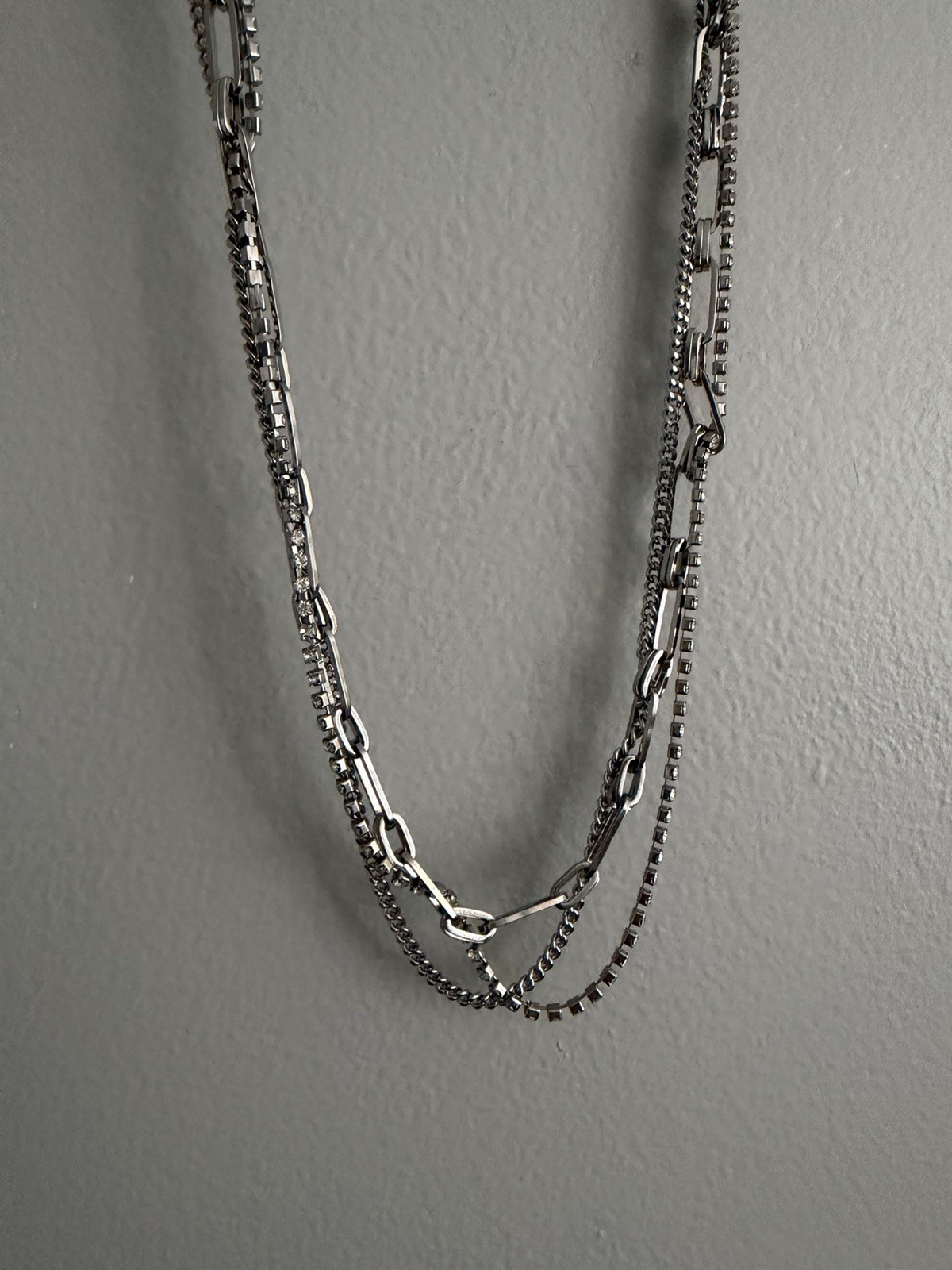 New Express Layered Multi Chain Necklace Paperclip Link Rhinestones Twisted NWT