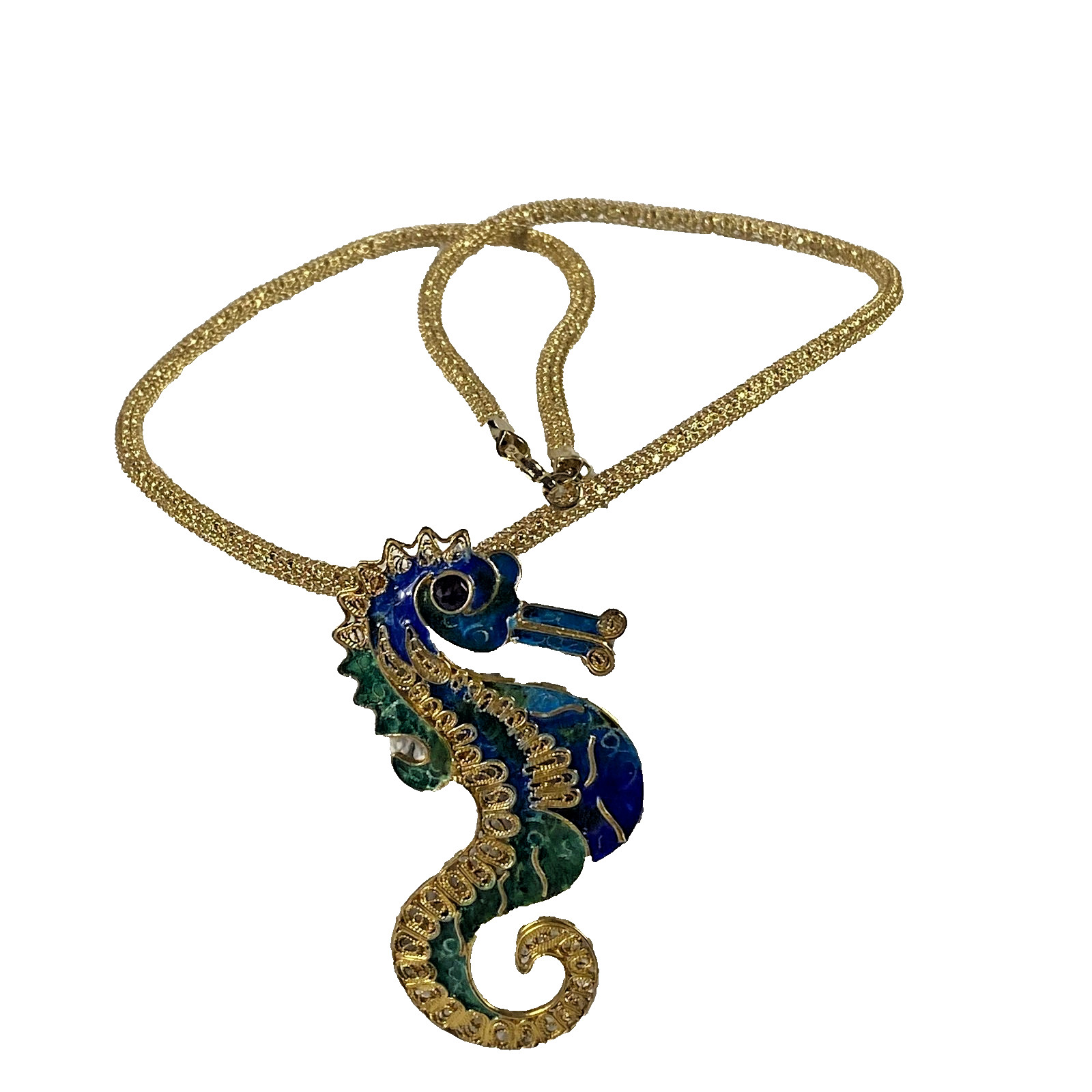 Seahorse Pendant Necklace Large Gold Blue Green Enamel Statement Women