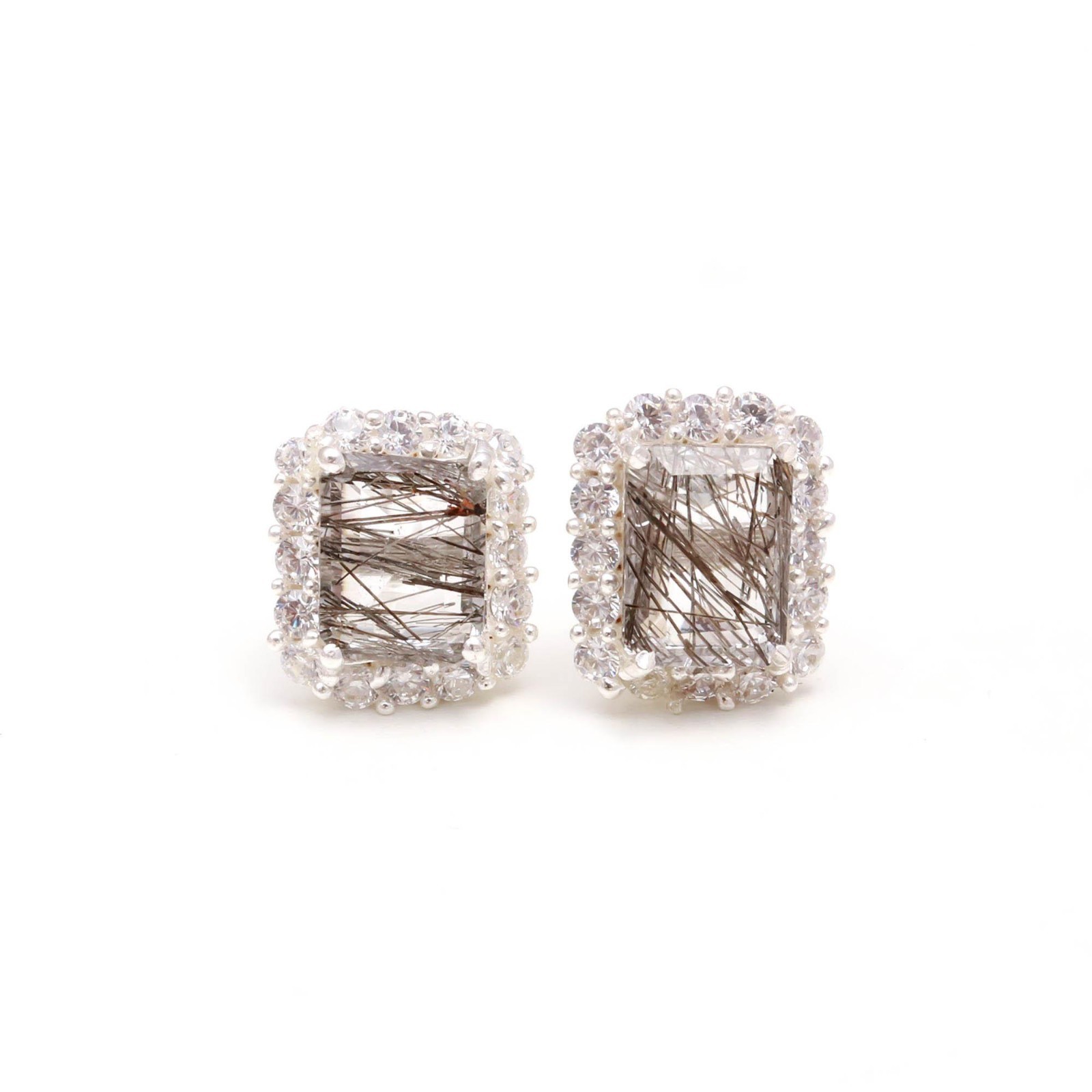 Natural Black Rutile Octagon Stud Earring 925 Sterling Silver Moissanite Jewelry