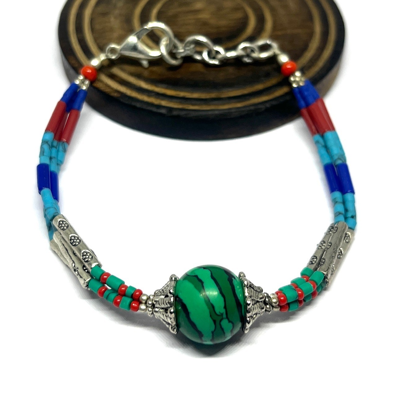 Vintage Malachite Turquoise Nepalese Silver Bracelet Jewelry, 7.0 Inch Adjs