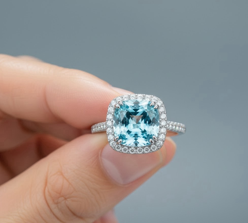 Vintage Cushion Cut Aquamarine Ring 925 Sterling Silver Women’s Ring.