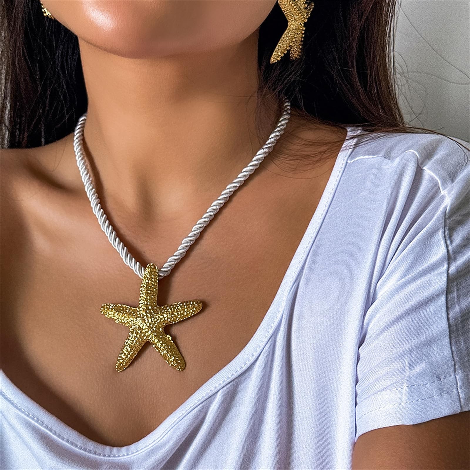Starfish Fringe Necklace,Boho Layered Starfish Pendant Choker White Velvet Ne…