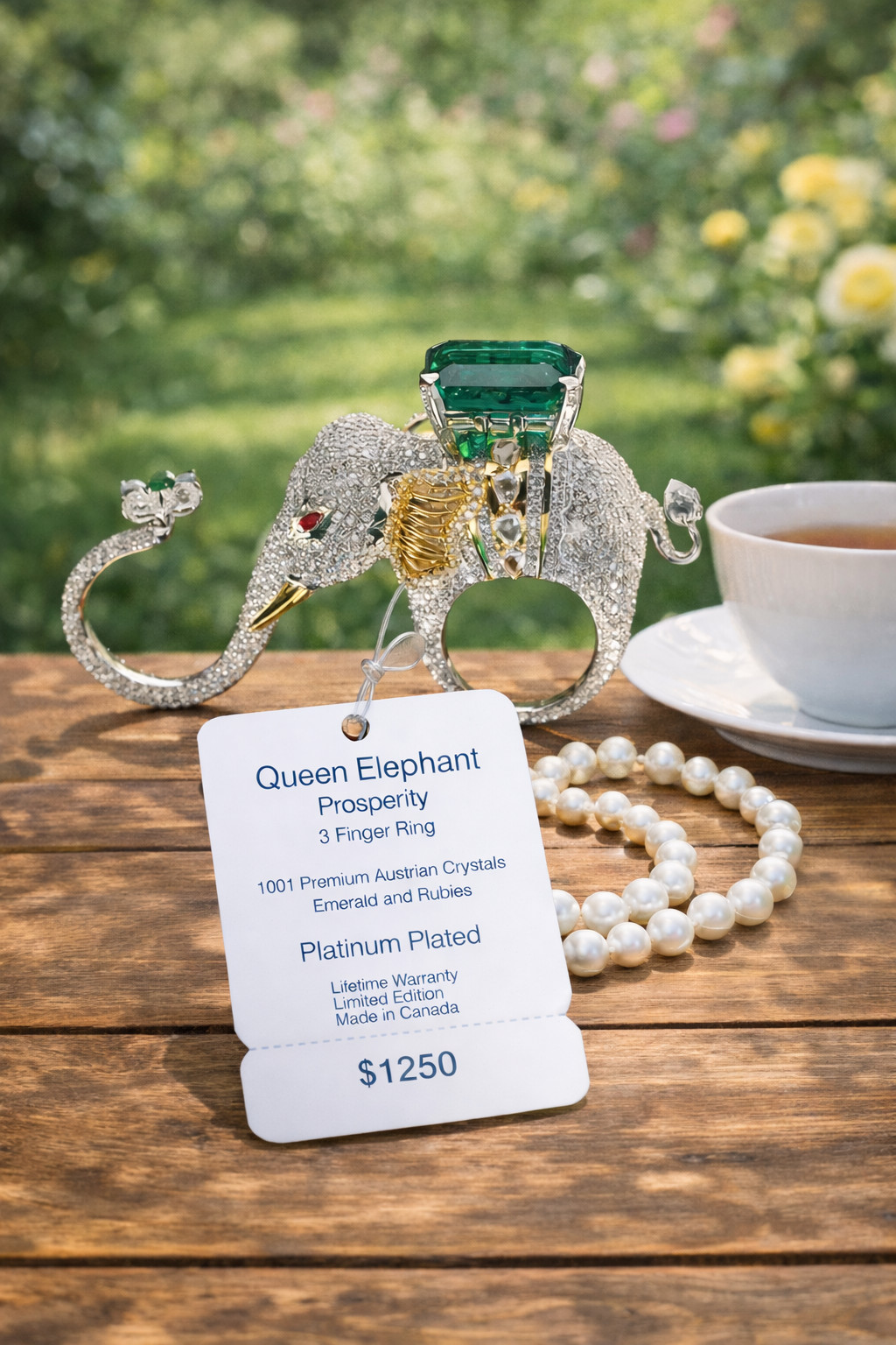 Queen Elephant 3 Finger Ring Emerald Ruby Austrian Crystals Platinum Plated Sz 8