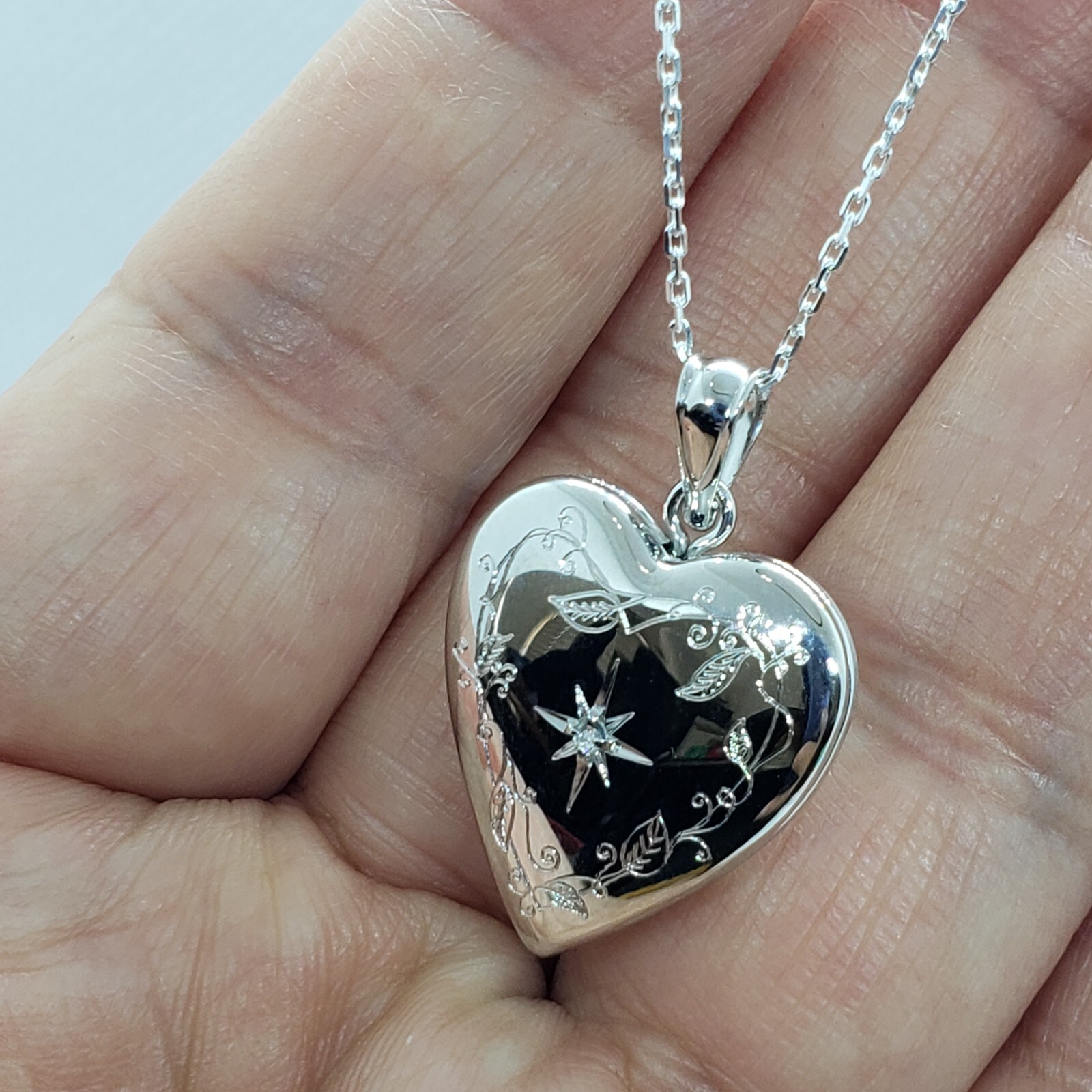 Sterling Silver Diamond Heart Locket for 2 Photo 3/4inch w/out Necklace 16-24″