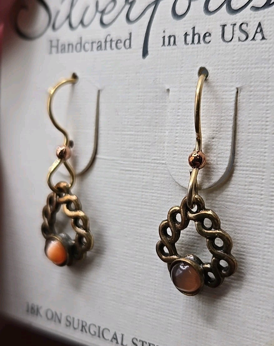 Silver Forest Earrings USA Petite Dangle Bronze Tone Chain Tigers Eye Beads