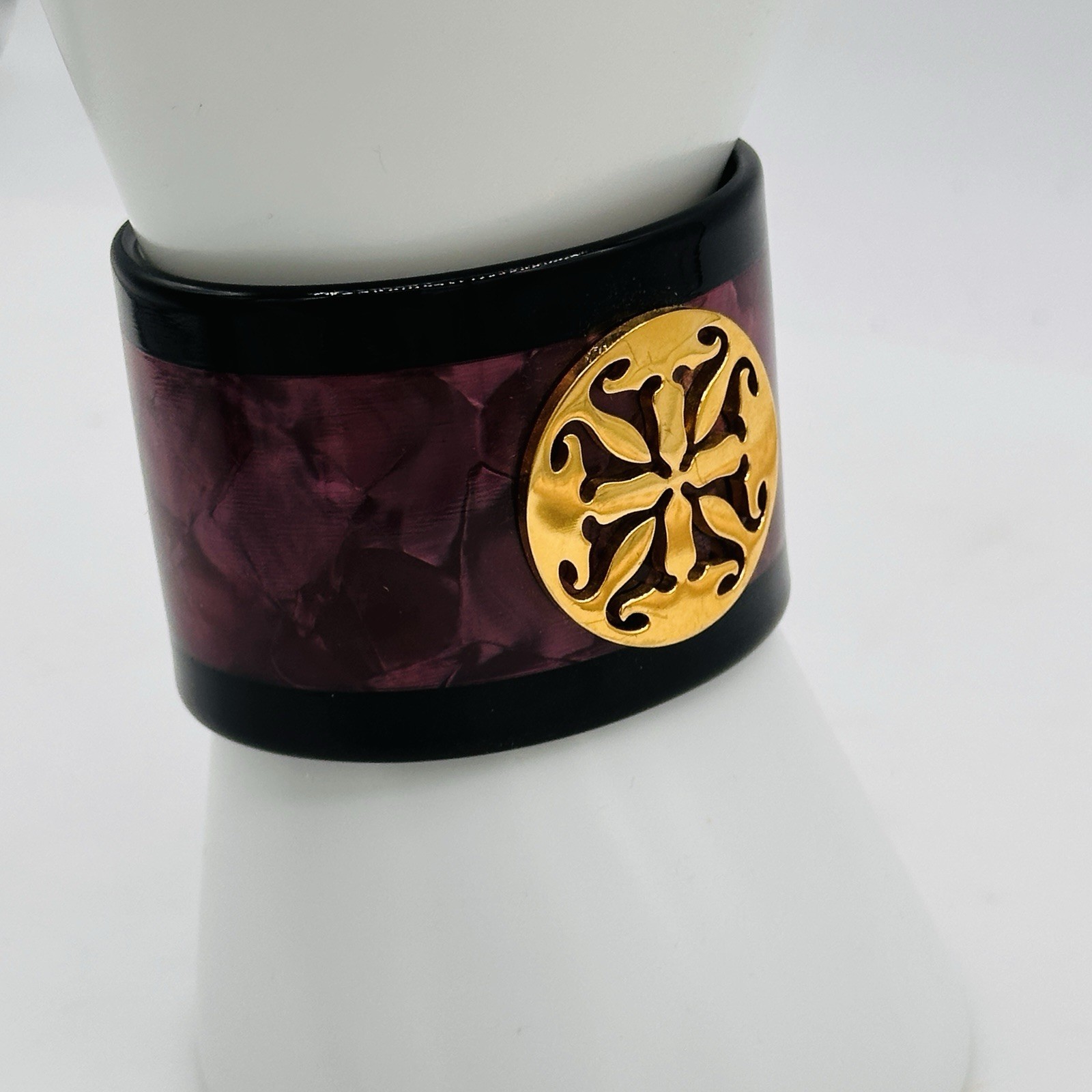 Rustic Cuff Plum Marbled Lucite Wide Open Cuff Bracelet Gold Medallion Statement